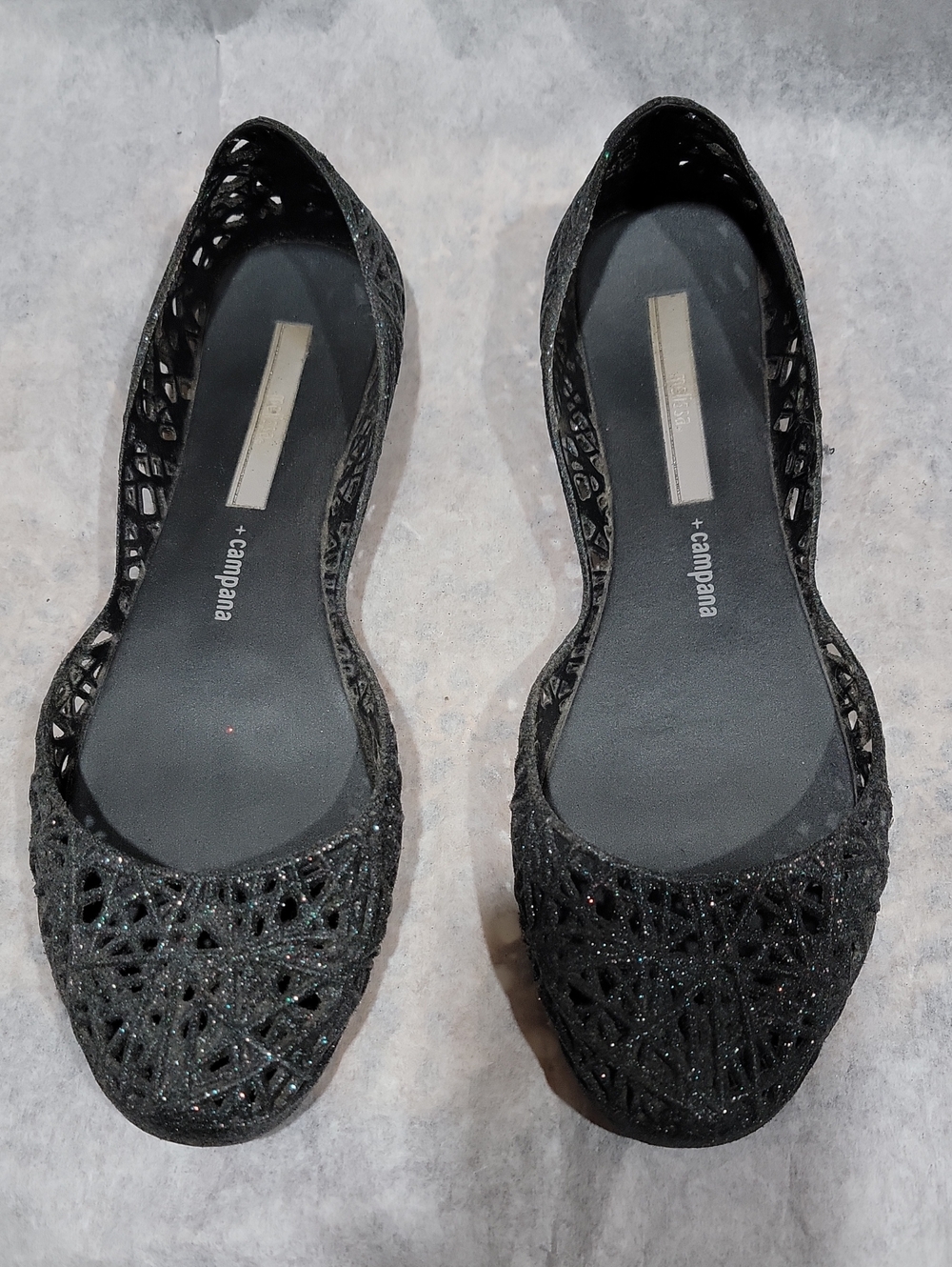 Melissa + Campana Papel VII Black Glitter Jelly Ballet Flats Size 39/US 8